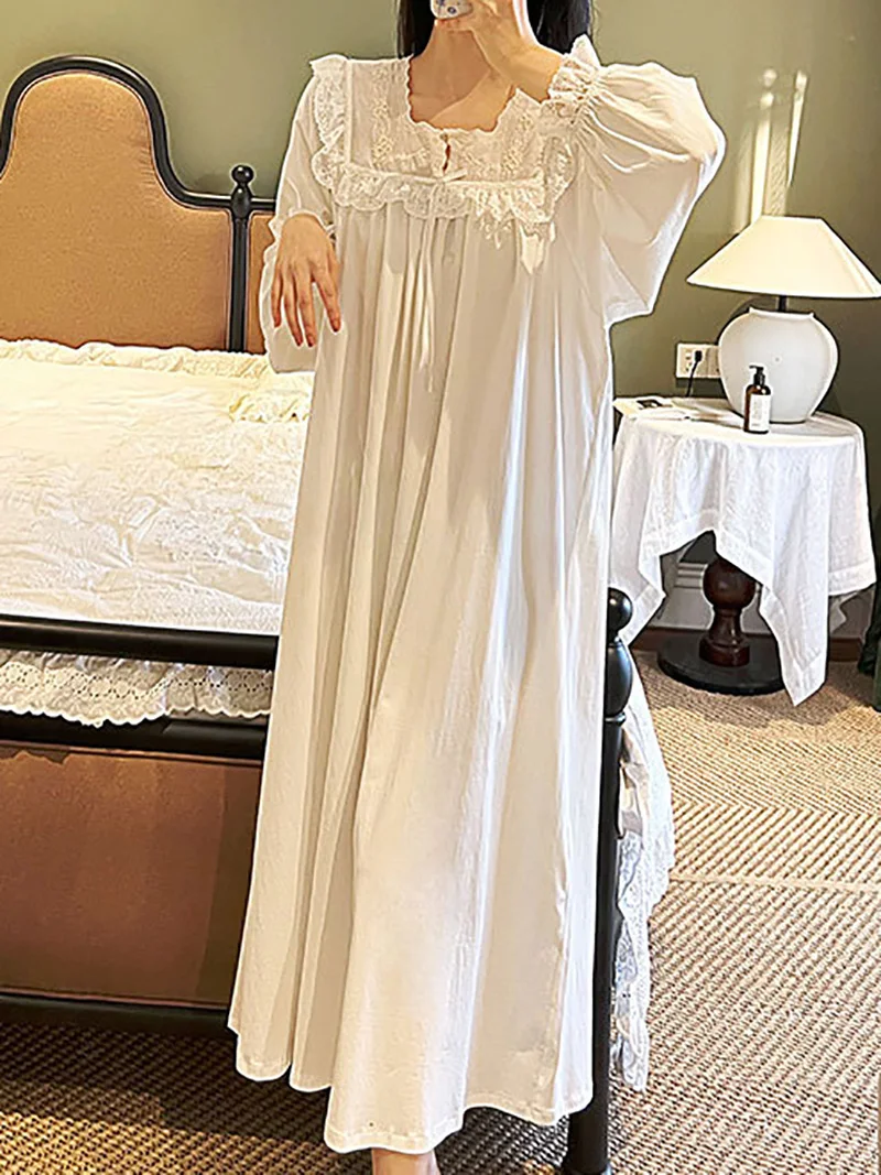 Women Pure Cotton Ruffles Vintage Nightgowns Robe Lace Fairy Long Sleeve Victorian Princess Sleepwear Sweet Night Dress Homewear