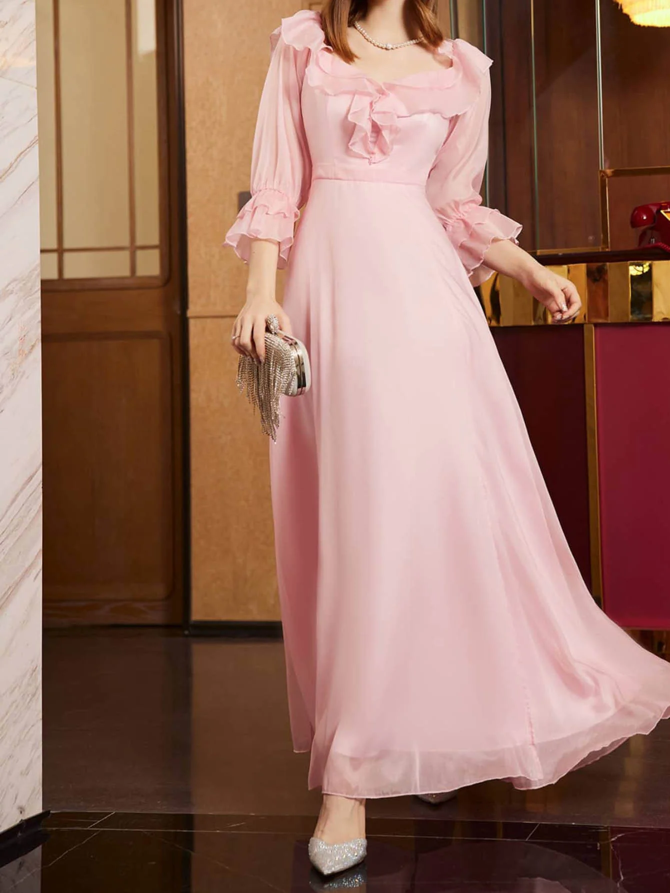 

2023 Hot Dress,New Women's Dress Sexy Mid Sleeve Pink Long Party Dress
