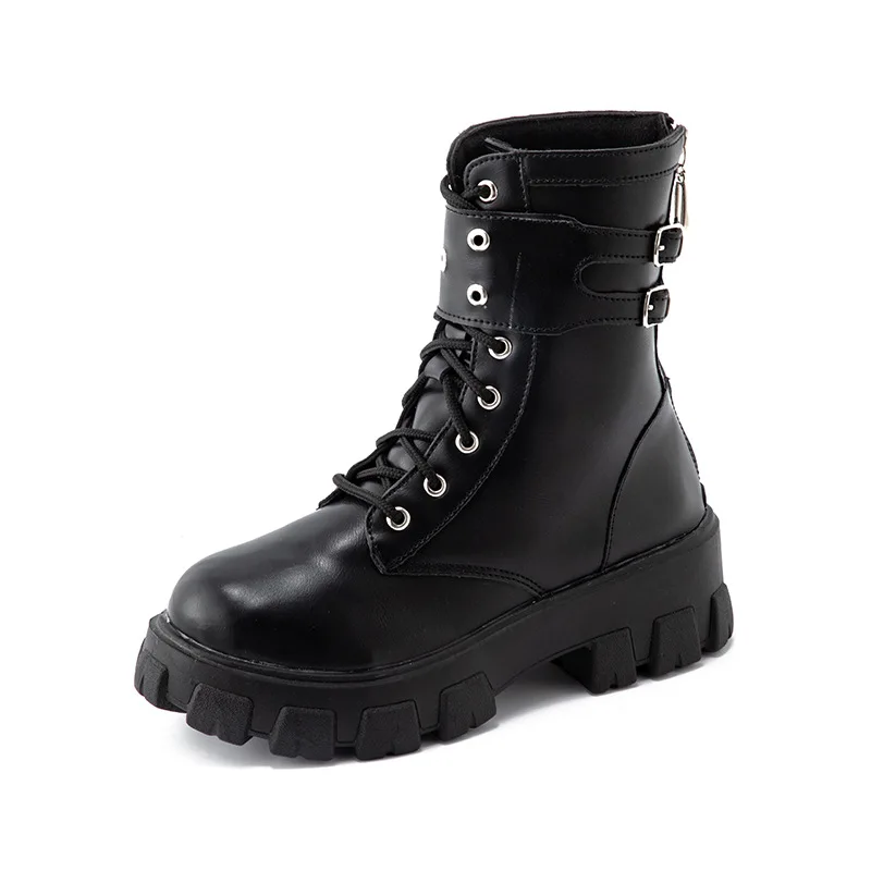 Platform Patent Leather Boots Rivet Women Autumn Punk Motorcycle Boots Block Gothic Thick Sole Shoes Women Mid-Calf Boots
