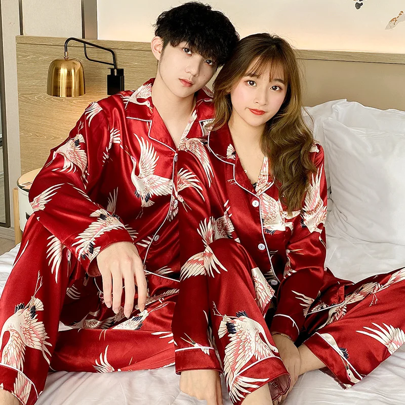 Lovers pajamas in the spring and autumn style ice silk red summer leisure wear long sleeve two-piece newly married men and women