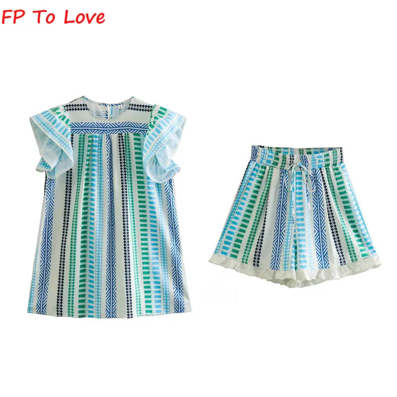 

FP To Love Geometric Print Ruffle Vest Feifei Sleeve Top + High Waist Elastic Waist Wide Leg Shorts 2 Piece Set Women