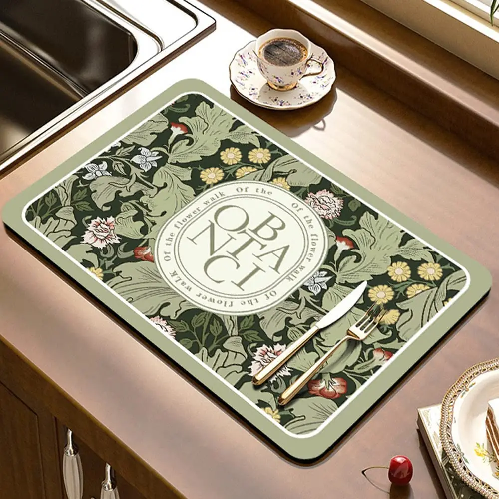 

Kitchen Absorbent Drain Pad Vintage Dish Drying Mat Rubber Draining Pad Dinnerware Cup Bottle Rug Tableware Mat Fantasy Style