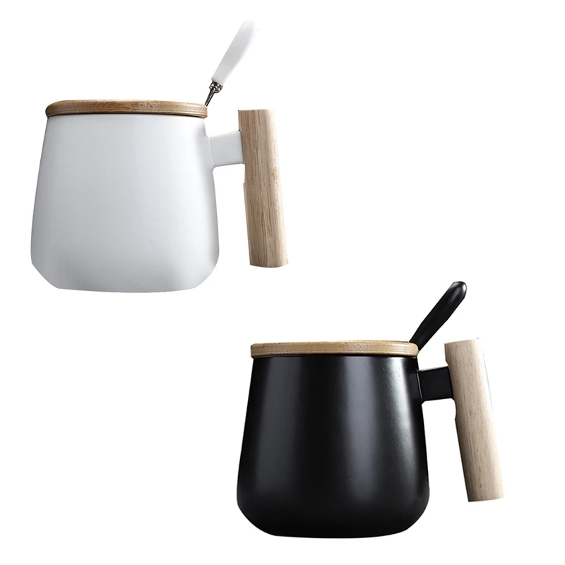

Nordic Style Household Wooden Handle Ceramic Mug With Spoon Lid Coffee Cup Large Capacity Mug