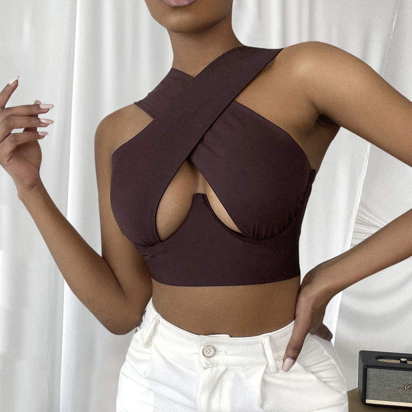 

Bustier Top Women's Crisscross Cut Out Vest Halter Wrap Crop Top Solid Cami Tank Tops Summer Sexy Club Streetwear Y2k Clothes