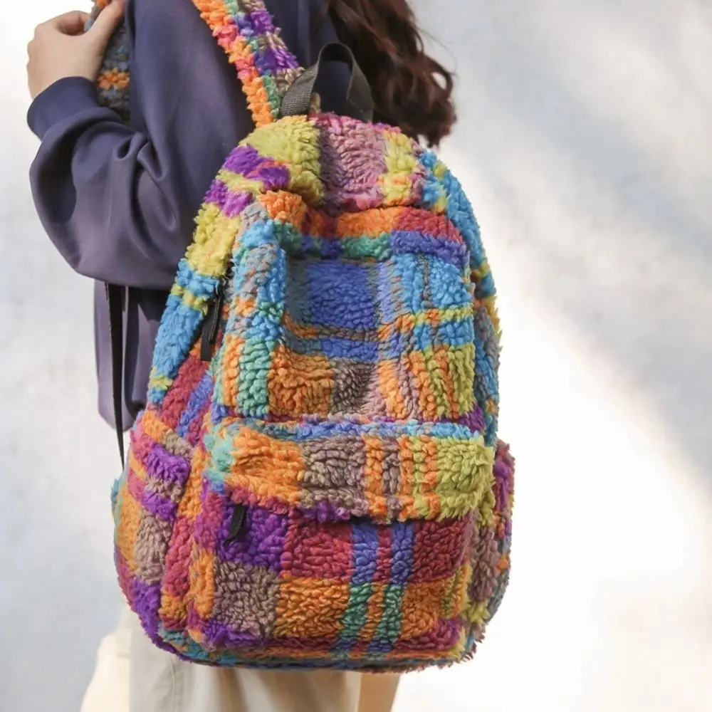 

Korean Style Colorful Plaid Backpack Geometric Strip Preppy Trendy Shoulder Bag Large Capacity Lamb Fleece Backpack Gift