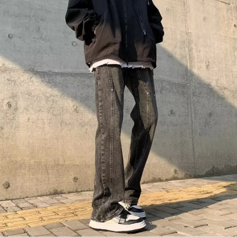 DEEPTOWN Retro Patchwork Jeans Men Loose Casual Fashion Straight Streetwear Youth Denim Pants Korean Style Black Trousers Male