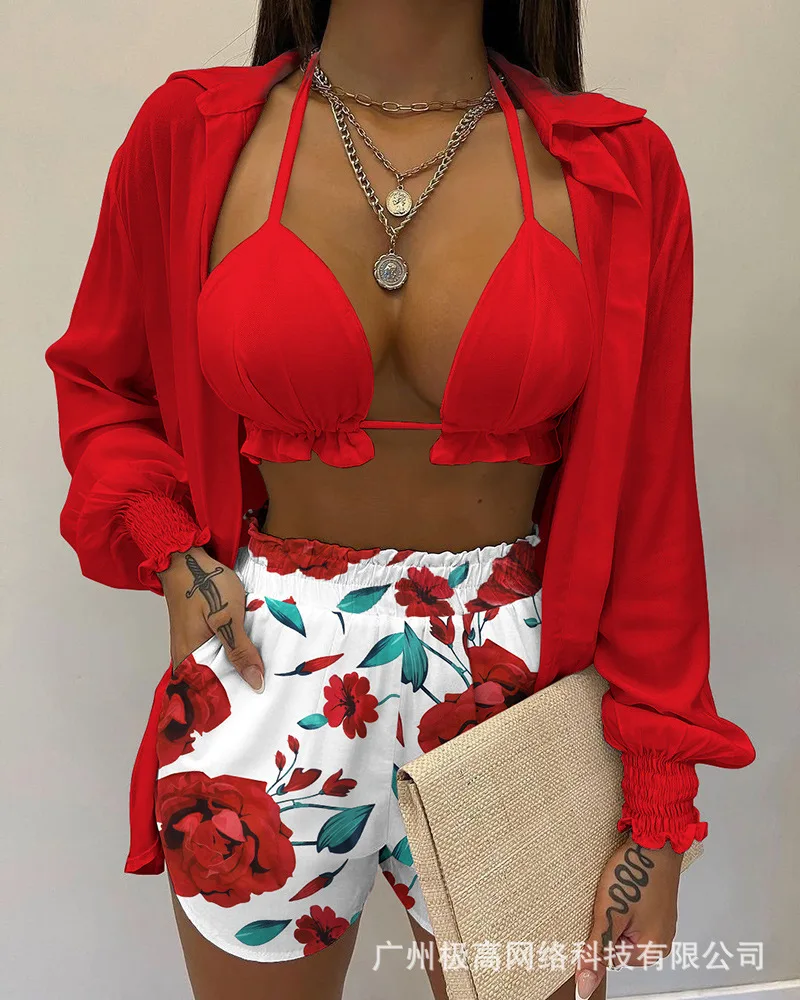 

Женский новый летний комплект из трех предметов с цветочным принтом и шортами, 2023