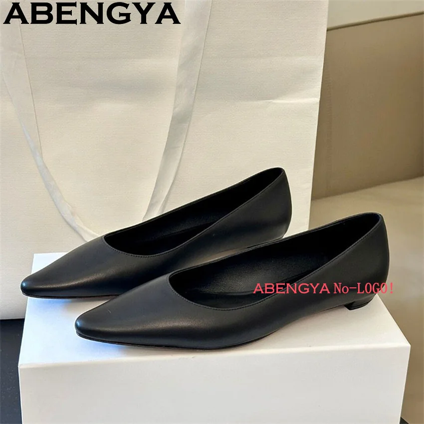 Фото ABENGYA, черно-белые туфли на плоской подошве из натуральной кожи, женские прогулочные туфли на низком каблуке с острым носком, женские летние бабушкины туфли №5