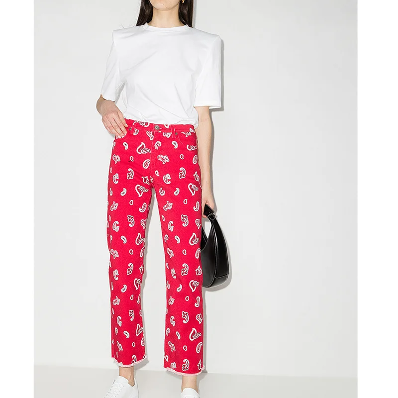 

Women Clothing All Match Hair Beard Printing Straight Trousers Fashion Casual Pure Cotton High Waist Pants 2023 Early Autumn New