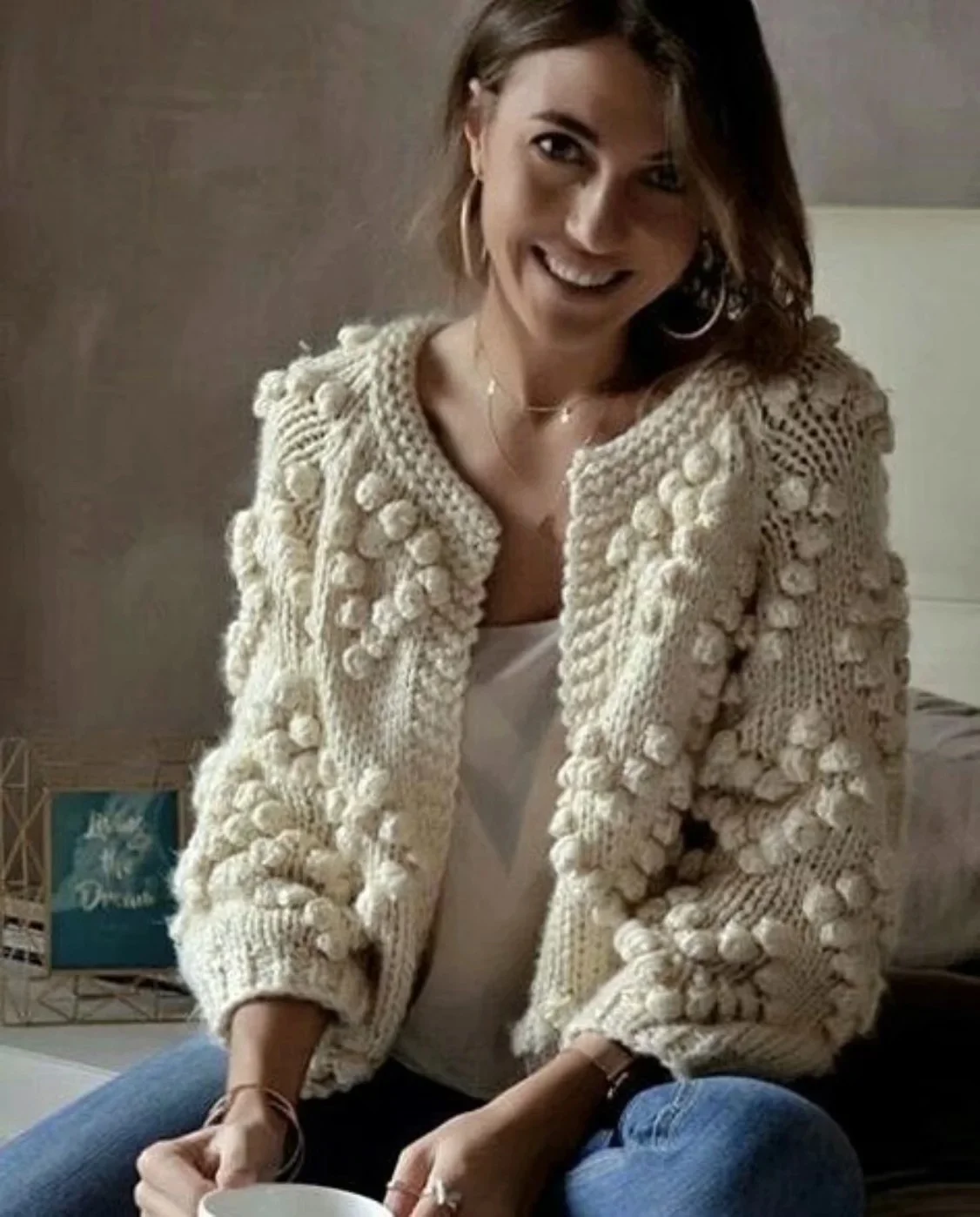 

2022 autumn and winter new Korean women's wool ball bat needle thick thread loose thin short Sweater Cardigan Jacket Women