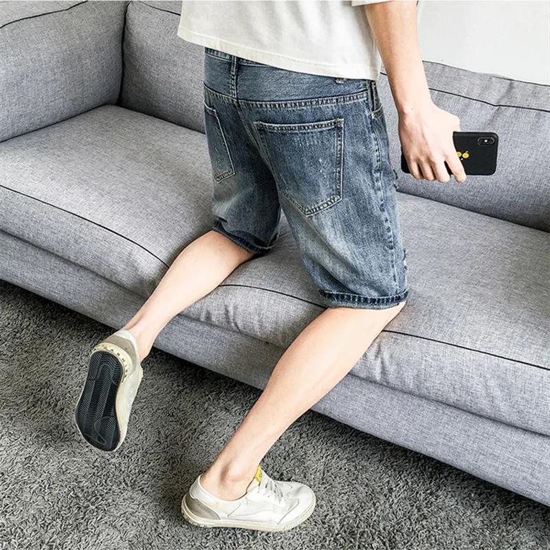 Summer Denim Shorts Streetwear Vintage Jeans Men's Loose Hole Denim Shorts Men's Fashion Button Mid Waist Denim Straight Shorts