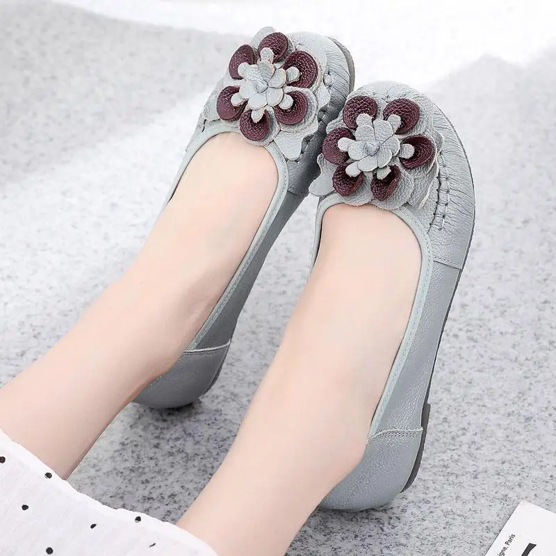 Plus Size Women Flats Floral Ballet Shoes For Women Summer Genuine Leather Moccasins Ladies Comfortable Driving Zapatos Mujer