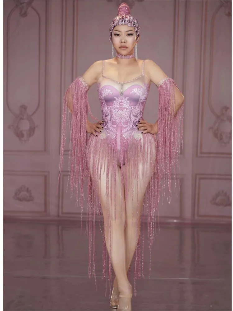 

Sexy Pink Tassel Rhinestone Stage Jumpsuit Women Nightclub Crystal Stretch Bodysuit Pole Dance Leotard Showgirl Performance Wear