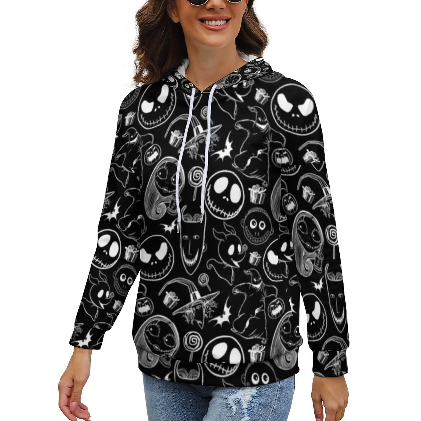 

Gothic Hoodies Halloween Ghost Print Classic Oversized Hoodie Woman Long-Sleeve Pretty Graphic Clothing