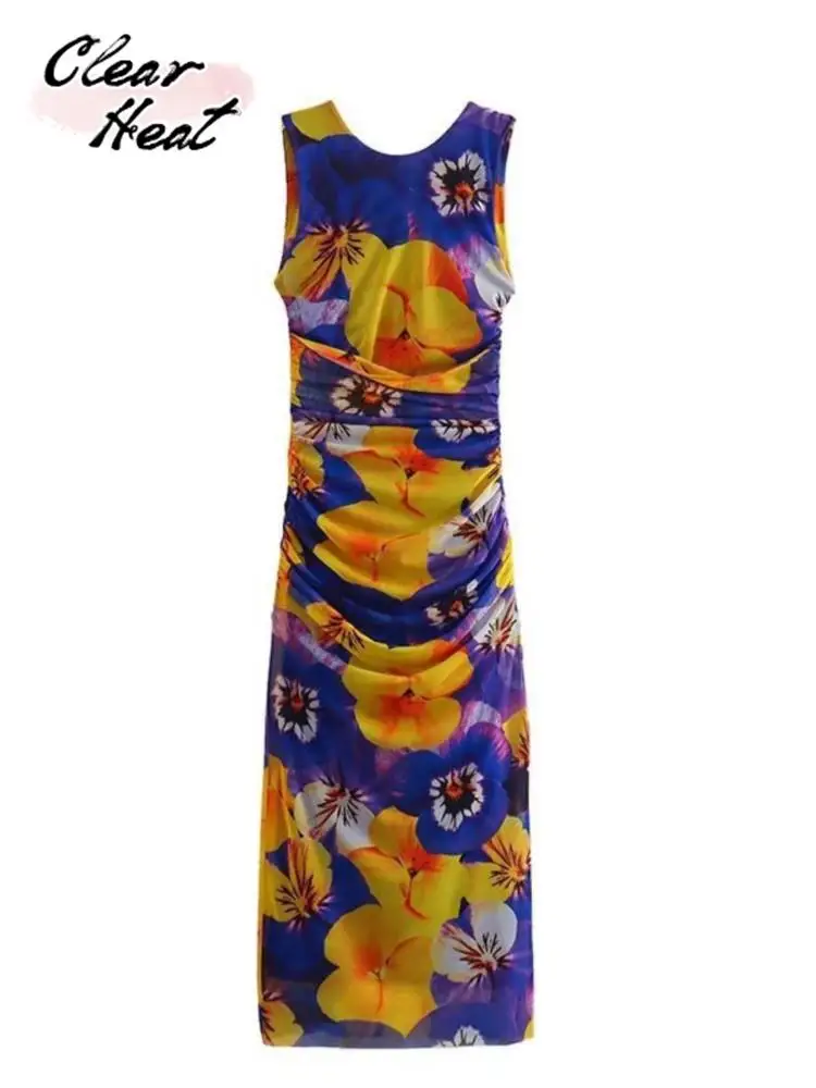 

Модное женское платье средней длины с цветочным принтом, Сексуальное Тонкое плиссированное платье с открытой спиной на бретелях, женское уличное платье, 2023