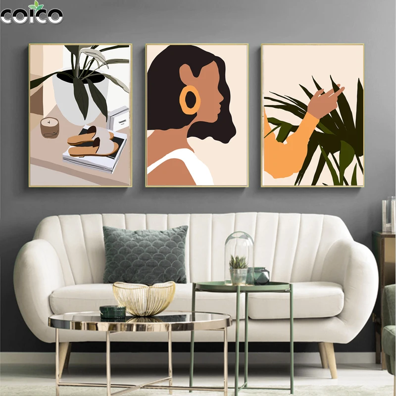 

Modern Abstract Art Woman Flower Canvas Painting with Frame Bohemian Stye Home Decor Scandinavia Poster Beige Print Wall Picture
