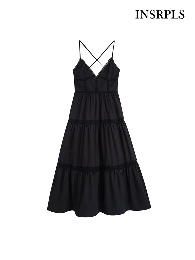 

INSRPLS Women Fashion Patchwork Lace Midi Dress Vintage Backless Zipper Tied Thin Straps Female Dresses Vestidos Mujer