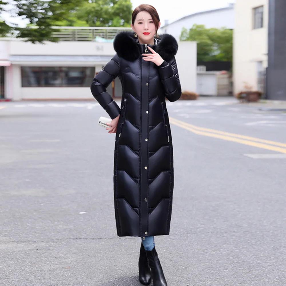 New Women Wash Free Glossy Surface Down Coat Winter Fashion Warm Real Fox Fur Collar Long Thicken Slim Down Jacket Ankle-Length