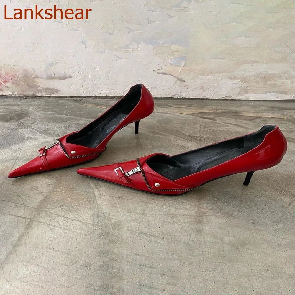 Женские туфли на молнии с острым носком однотонные тонком каблуке без застежки