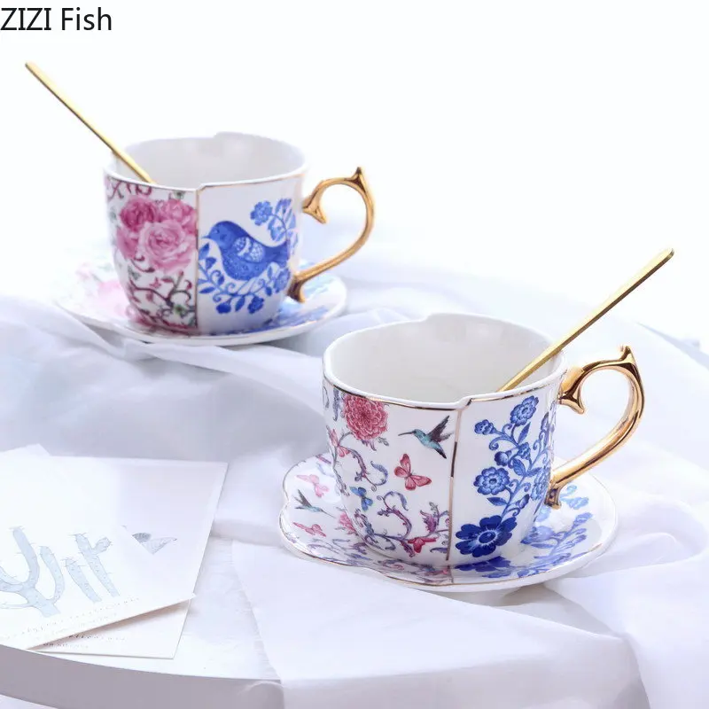 

Flower Pattern Ceramic Cups Creative Gold-plated Coffee Cup and Saucer Asymmetrical Painted Mugs Milk Tea Fruit Juice Container