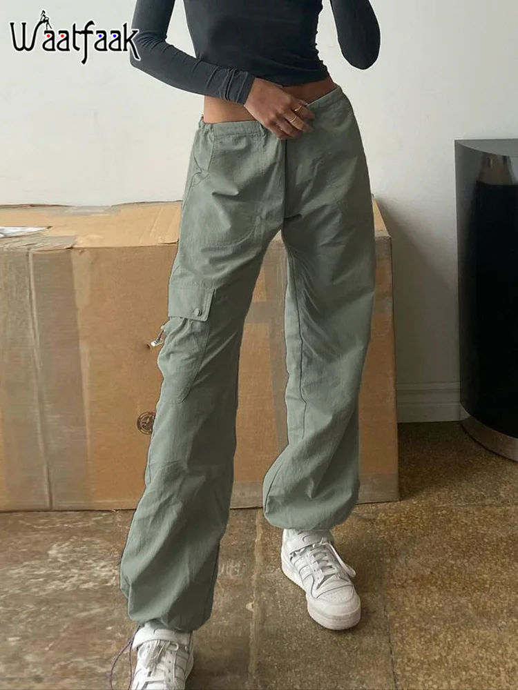 

Повседневные облегающие брюки-карго Waatfaak, зеленые брюки с высокой талией, женские спортивные штаны Y2K, уличная мода в стиле Харадзюку, черны...