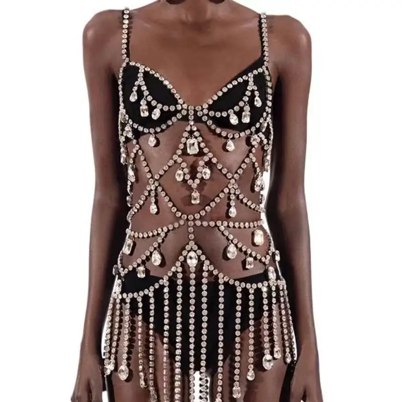 

Sexy Fashion Pendant Big Rhinestone Bodysuit Women Top Lingerie Bra Dresses Birthday Night Club Dress 2022 Summer Outfit Gifts