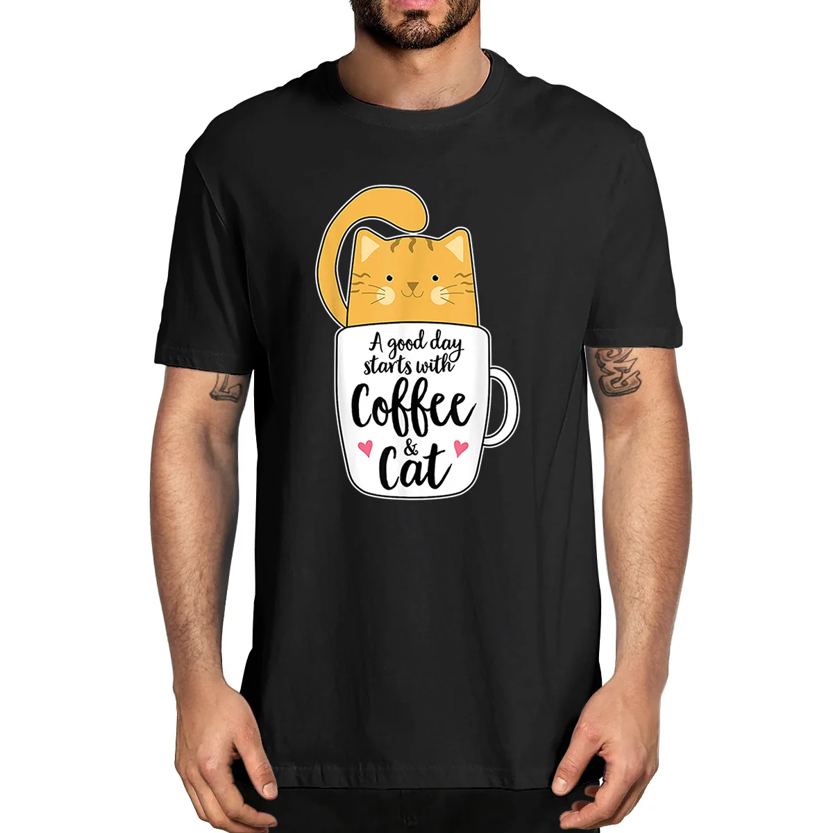 

A Good Day Start With Coffee And Cat Funny Orange Cat Coffee Mug Lover Gift 100% Cotton Summer Men's Novelty Oversized T-Shirt