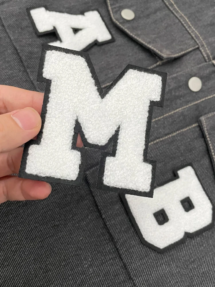 8cm Iron on Black White Chenille Letter Patches Towel Initials Clothings Embroidered Patches DIY denim jacket Patches