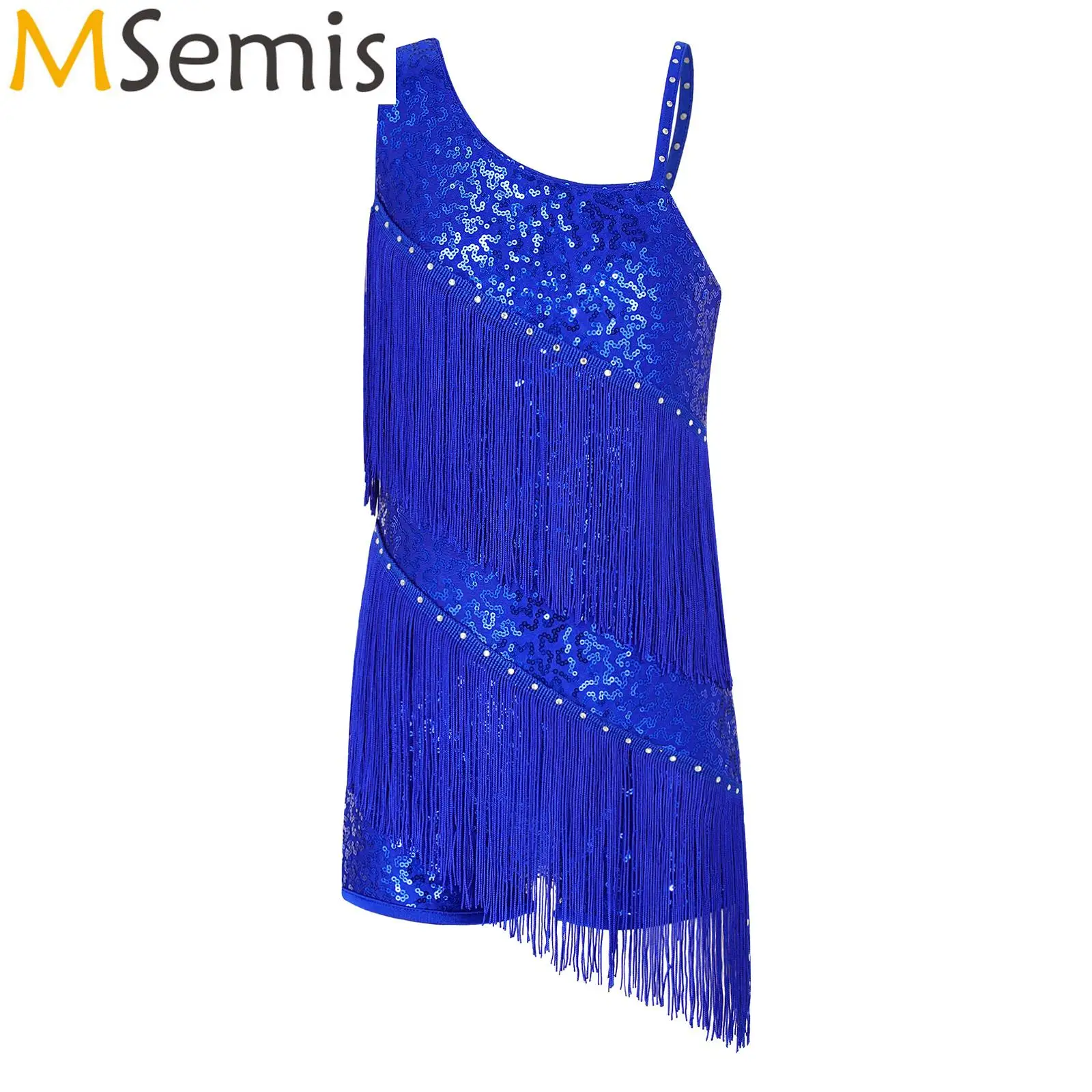 

Kids Girls Modern Jazz Dance Dress Shiny Sequins Rhinestone Decorated Outlook Tassels Shorts Bottom Latin Dance Leotards Costume