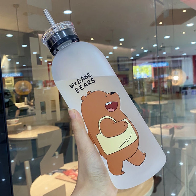 

1000ml Cute Bear Plastic Water Bottle Leak-proof Large Capacity Bottle For Water Transparent Frosted Juice Cup Water Cup