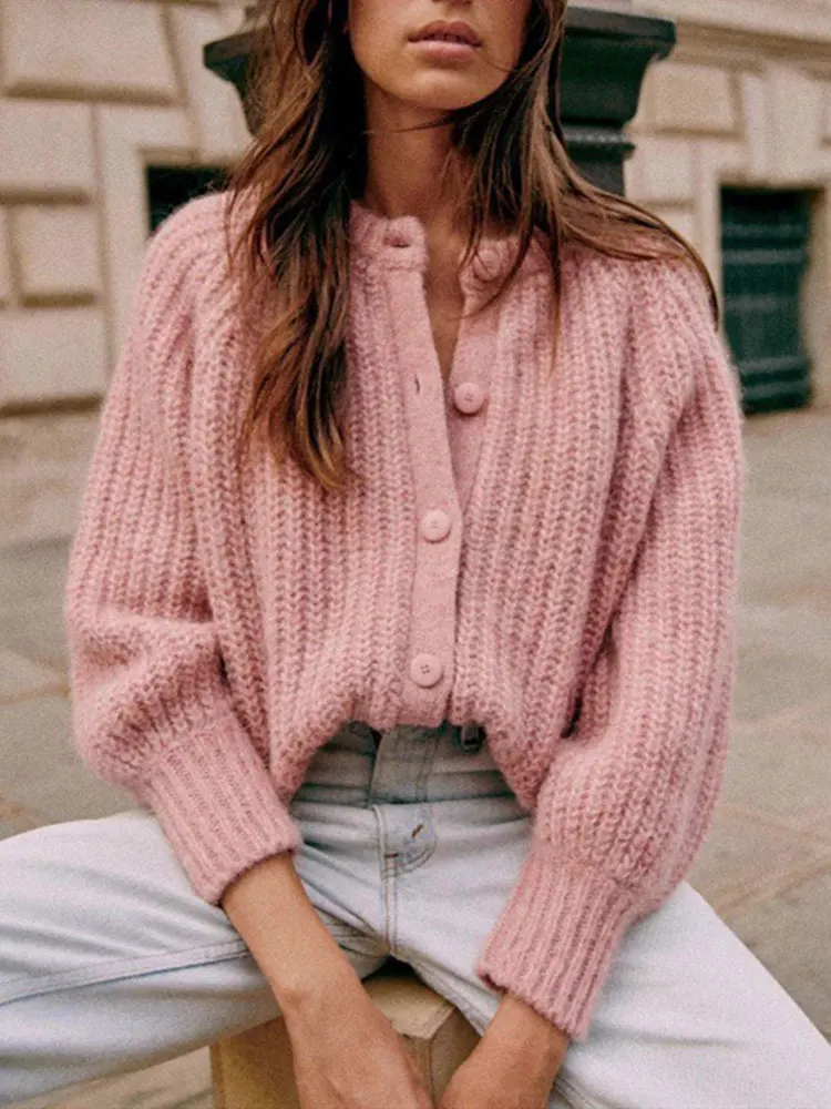 

Autumn and Winter Retro Knitted Long-sleeved Loose Round Neck Single-breasted Solid Color Cardigan Sweater Women