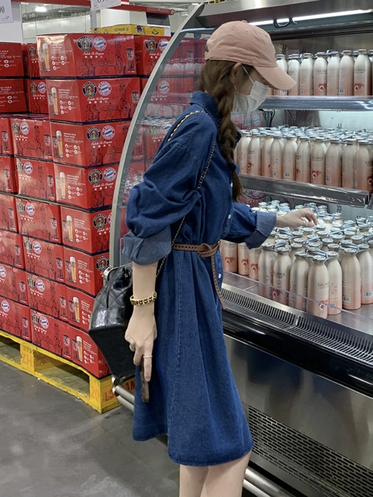 Синее джинсовое платье с высокой талией для женщин Осеннее Новое приталенное