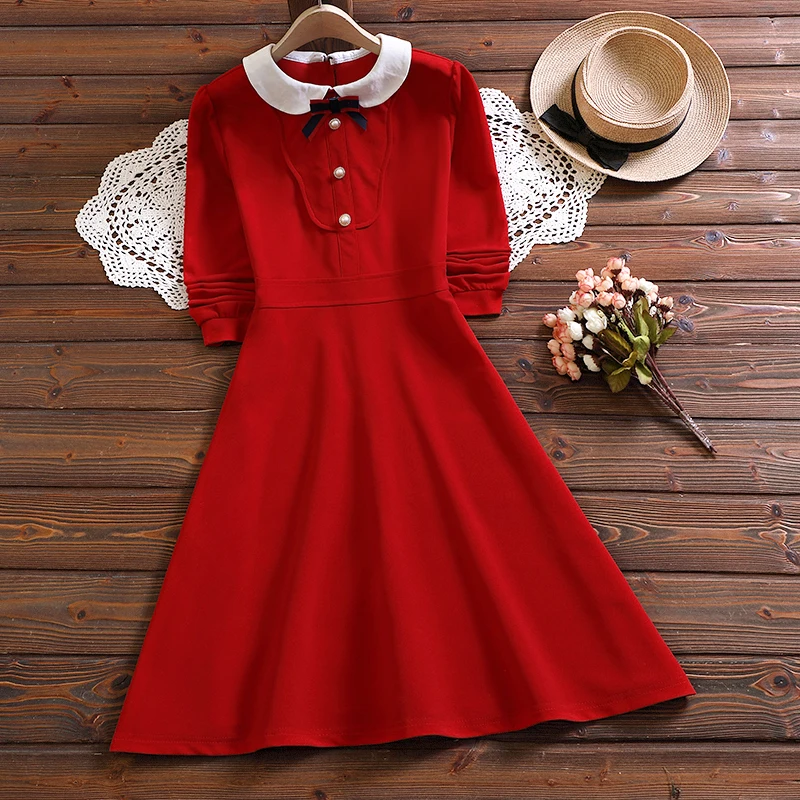 

Mori girl elegant sweet vestidos new spring fashion long sleeve women red solid dress