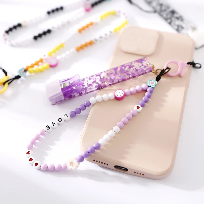

Hand-made Beaded Flowers LOVE Mobile Phone Lanyard Contactless Long Nails Fuel Card ATM Card Fetcher Keychain
