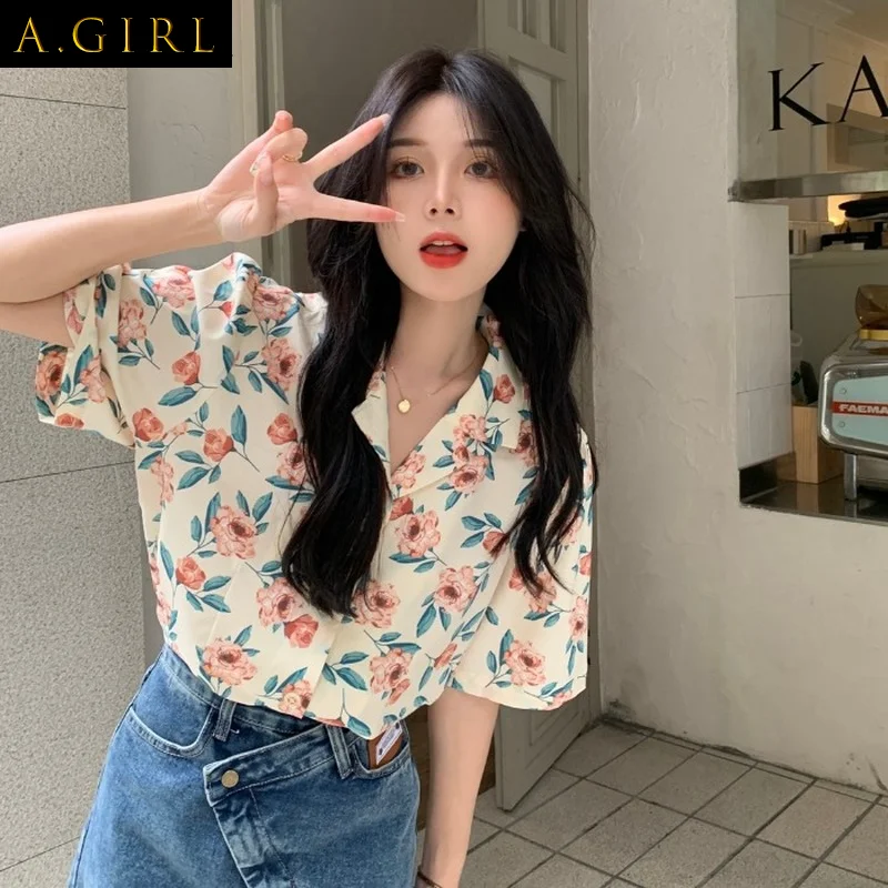 

Floral Chiffon Shirts Short Sleeve Vintage Sweet Summer Top Retro All-match Ulzzang Trendy Casual Female Students Mujer Harajuku