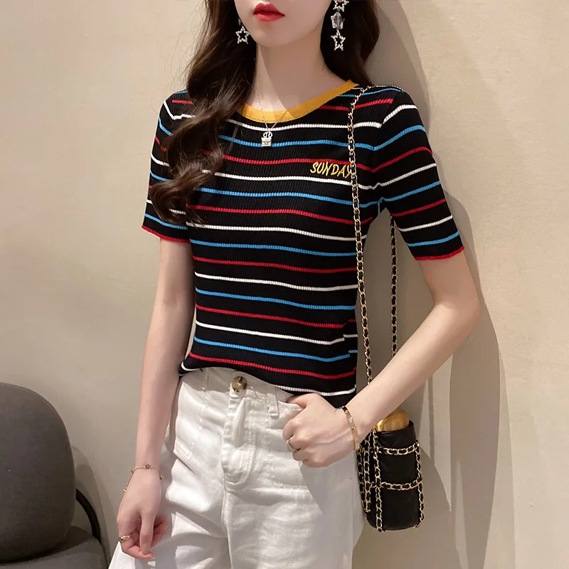 

Tops Round Neck Striped Knitted Short-sleeved T-shirt Women New Summer Korean Style Slim Short Bottoming Top Ice silk Sweater
