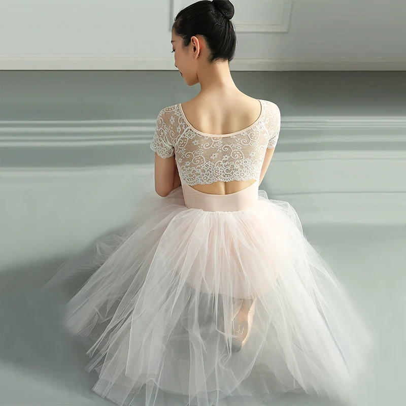 Балетный купальник для взрослых танцев женский с коротким рукавом кружевной