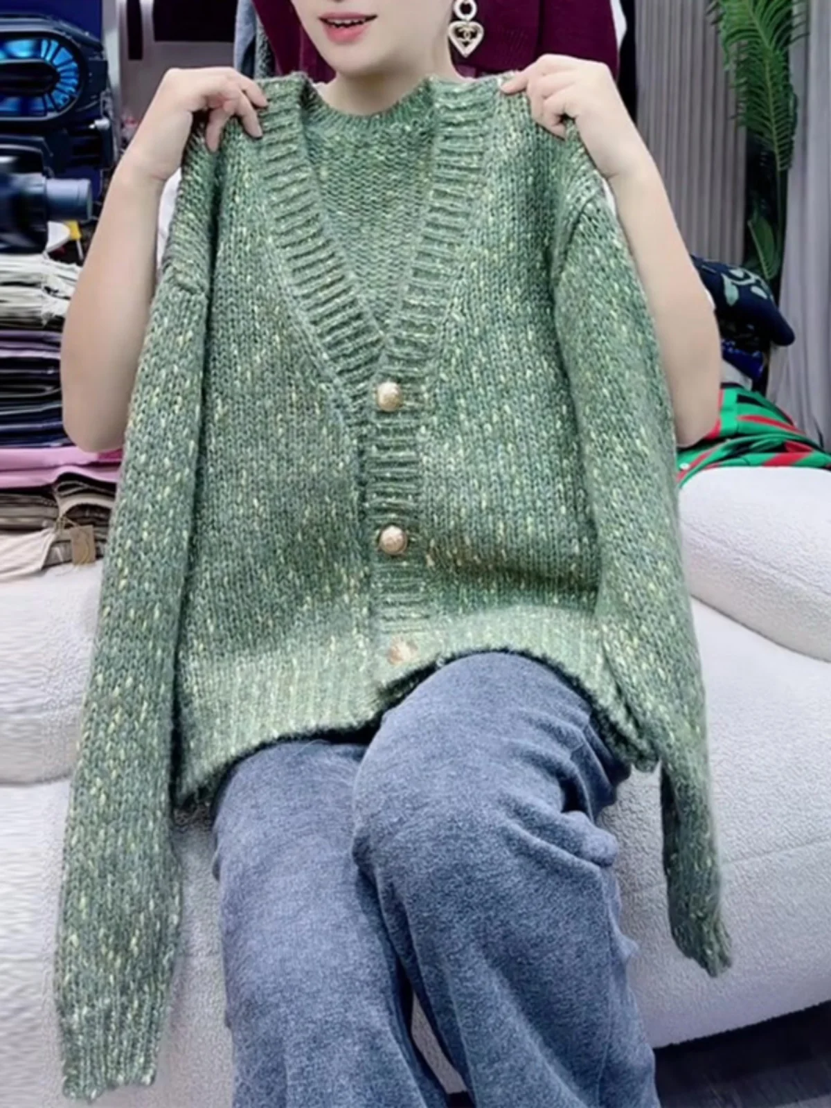 Европейские товары больших размеров однобортный зеленый утолщенный вязаный