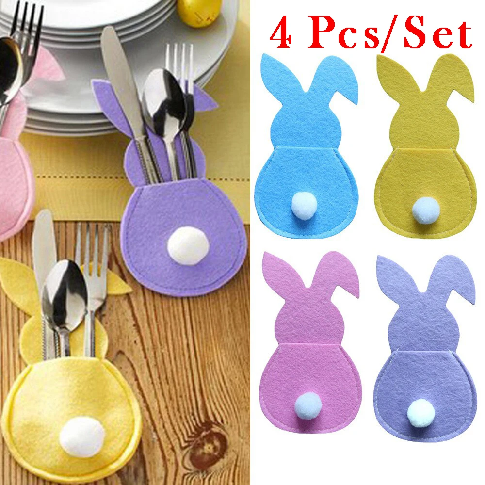 

4Pack Easter Bunny Cutlery Bag Felt Utensil Holder Bag Happy Easter Home Decor Dinnerware Accessory Rabbit Cutler. Bag Table