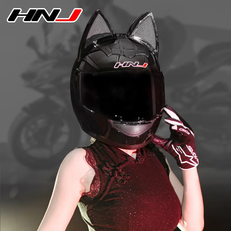 HNJ electric motorcycle cat ear helmet gray bow men and women cute fashion skateboard kart racing motorcycle full helmet helmet