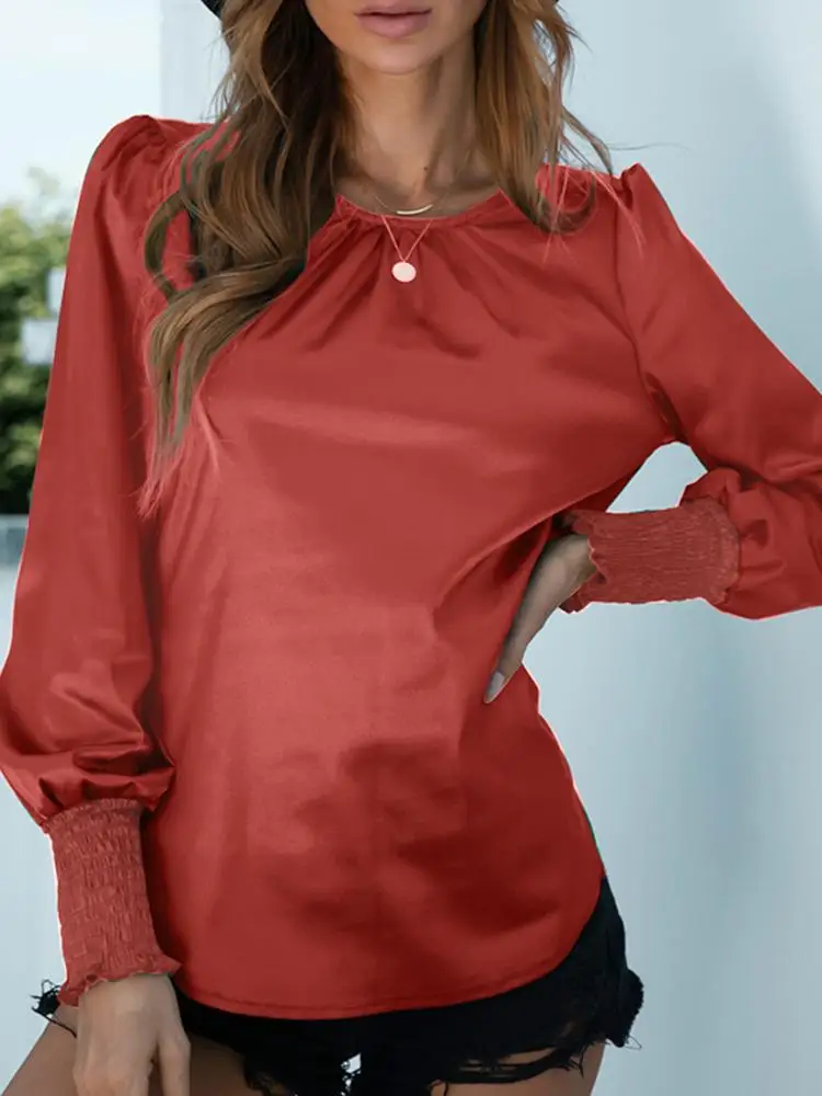 

ZANZEA Women Long Sleeve Office Work Satin Blouse Elegant Shirt Female Fashion Blusas Chemise Casual O Neck Solid Pleated Tops
