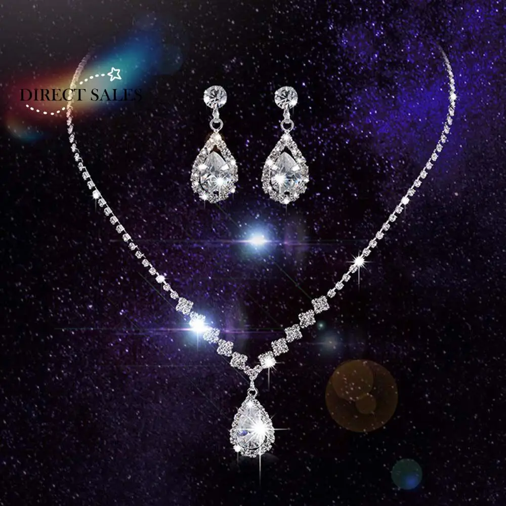 

925 Silver Wedding Jewelry Set Water Drop Crystal Pendant Collar Necklace&Earrings For Bride Women Cubic Zirconia Jewelry Gifts