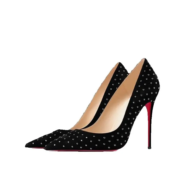 

Women Red Bottom Shoes With Rivet Sexy High Heeled Pumps Shallow Pointed Toe Autumn Winter Heels With Polka Dot Date