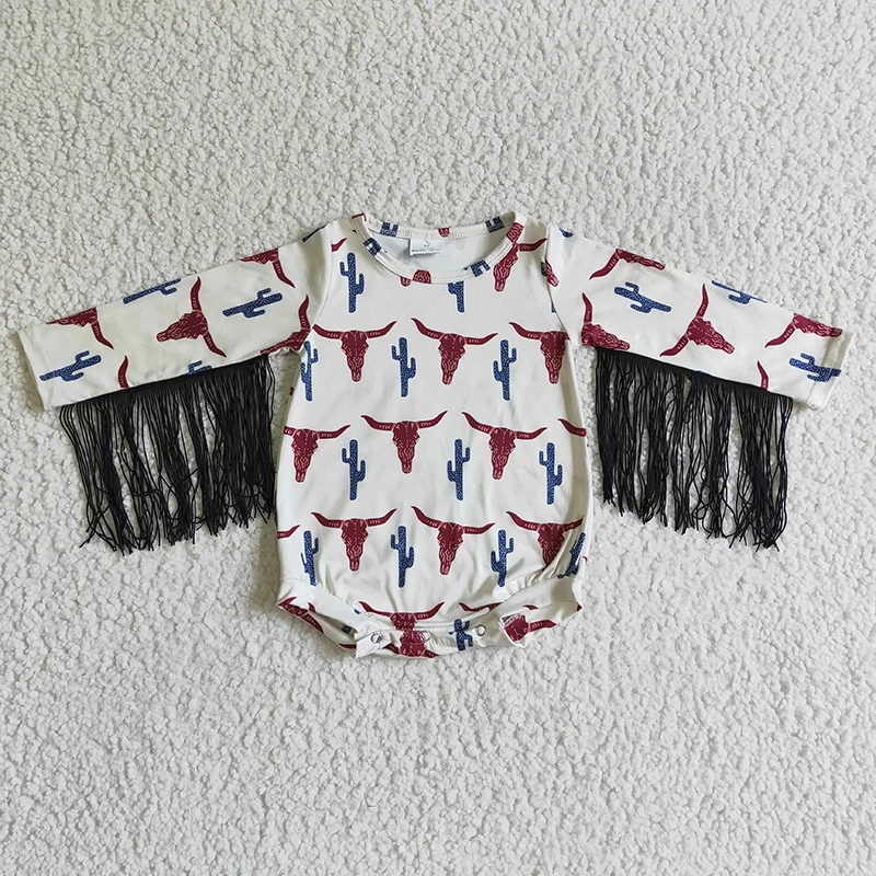 Baby Boy Western Cow Fringed Romper Long Sleeve Bull Cactus Bodysuit Clothing Snap Botton Jumpsuit Kid Toddler One-piece Clothes