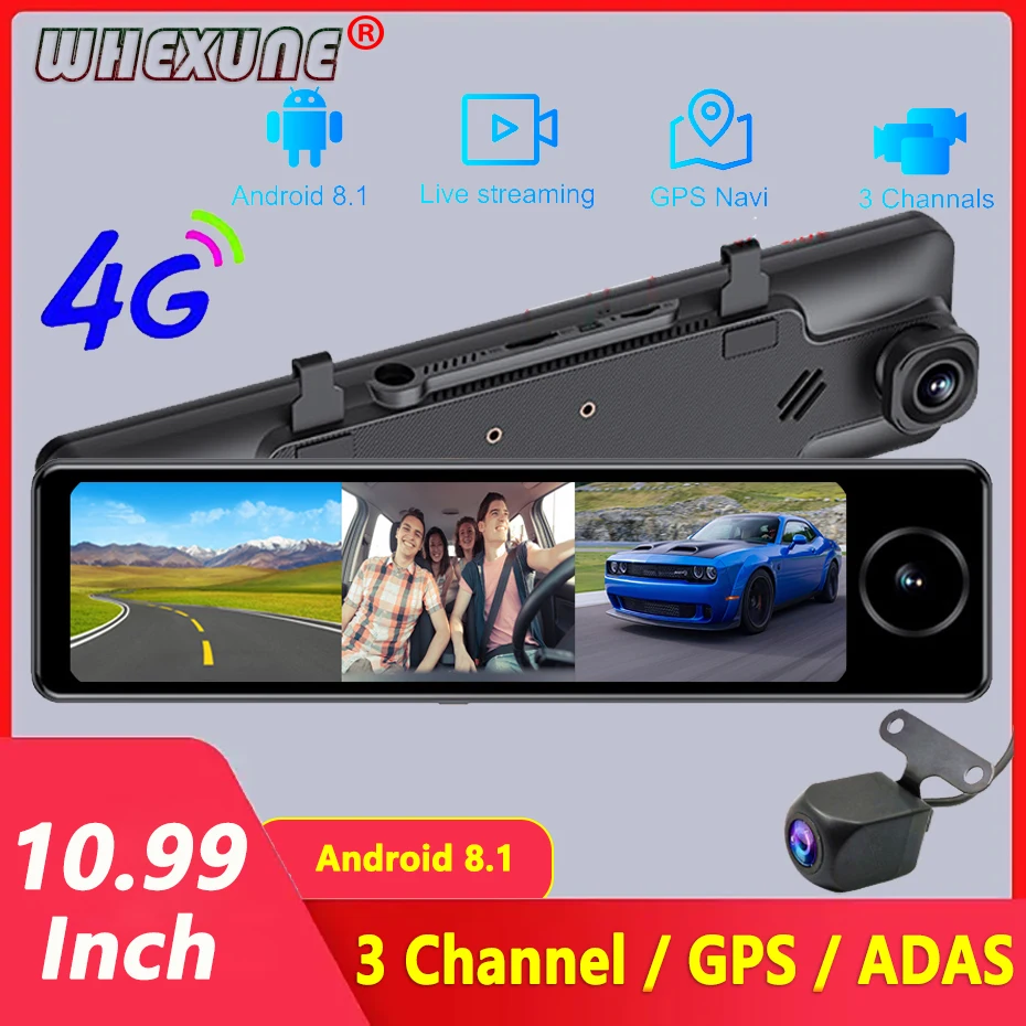 

11" IPS 3 Cameras 4G Android 8.1 Car Mirror Video Recorder GPS Navigation ADAS 2G RAM 32G ROM 1080P Dashcam RearView Mirror DVRs