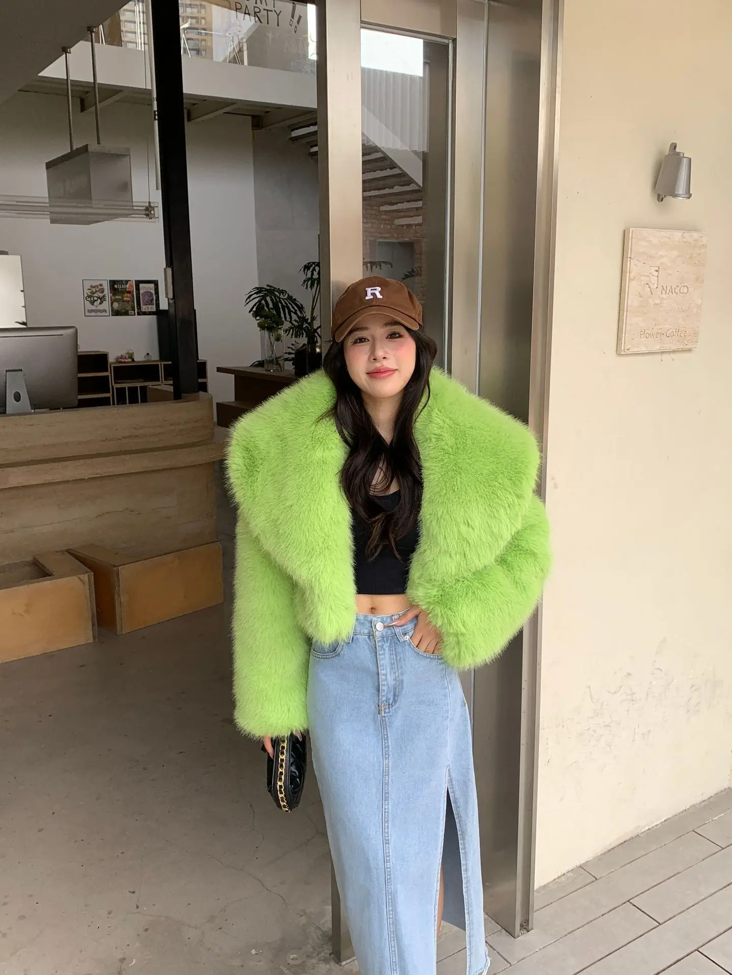 Флуоресцентная зеленая Экологически чистая куртка из лисьего меха женская