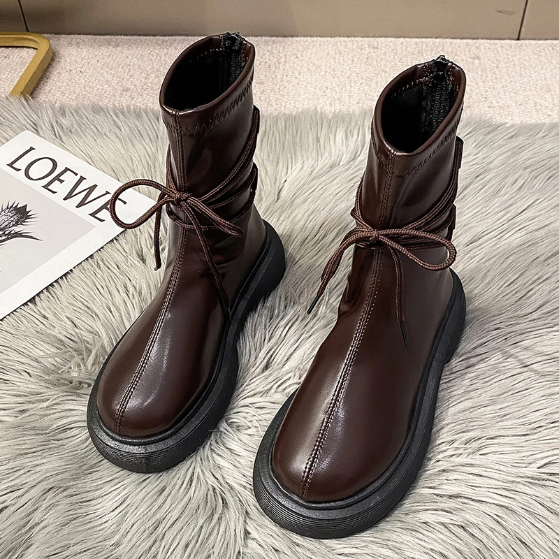 

Ботинки из искусственной кожи на высокой платформе, модные женские сапоги, Нескользящие, износостойкие, до щиколотки, черные