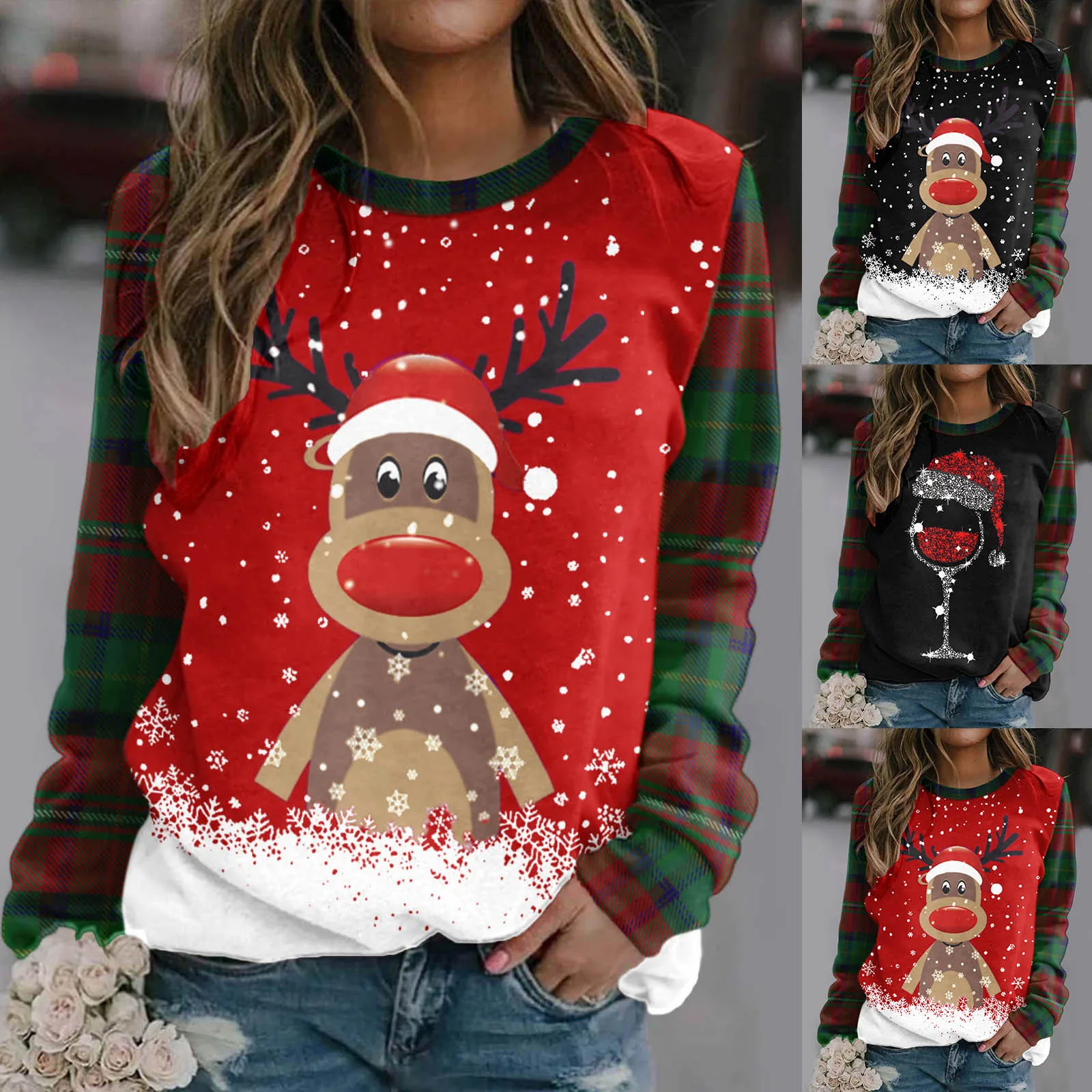 

Women's Top Shirts Deer Print Long-sleeved Regular O Neck Warm Fall Shirt Casual Winter Sleeve Top Half Snap Pullover Women