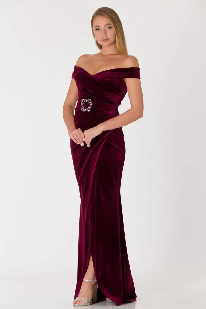 

Princess Collar Slit Velvet Dress Burgundy