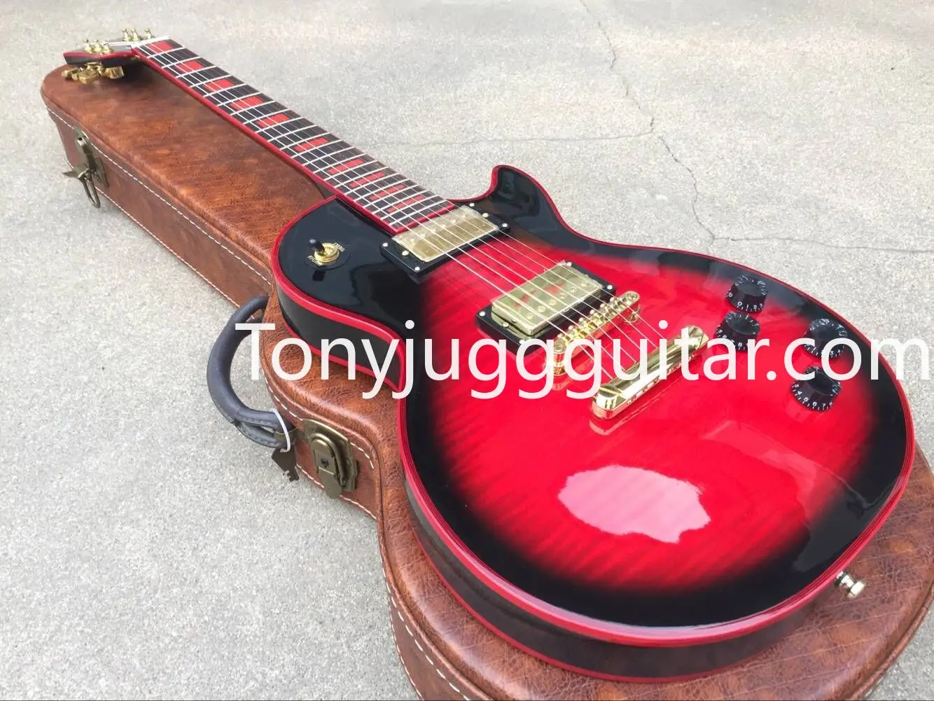 

1959 Flame Maple Top Trans Red Sunburst Electric Guitar 5 Ply Body binding Rosewood Fingerboard Trapezoid White Mother of Pearl